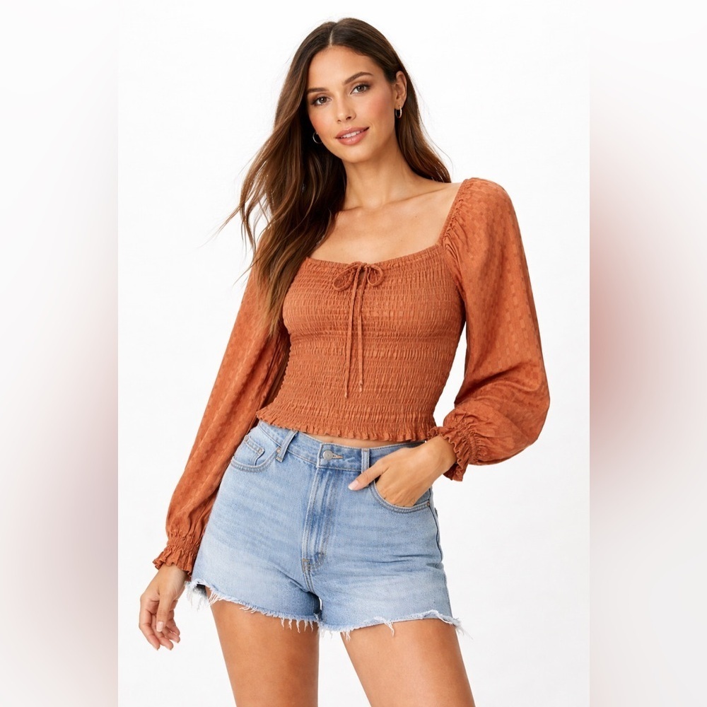 American Eagle Smocked Lg Sleeve Peasant Crop Top in Tan – Women’s Sz XS